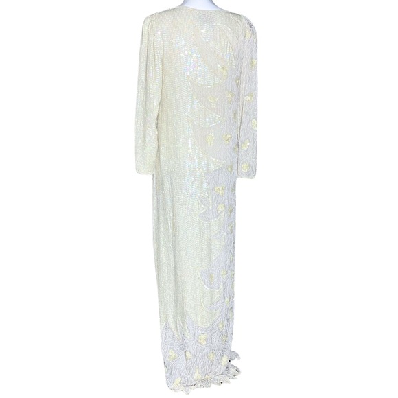 Vintage 100% Silk Ivory 70s 80s Fully Beaded Sequin Long Sleeve Dress - Picture 6 of 15